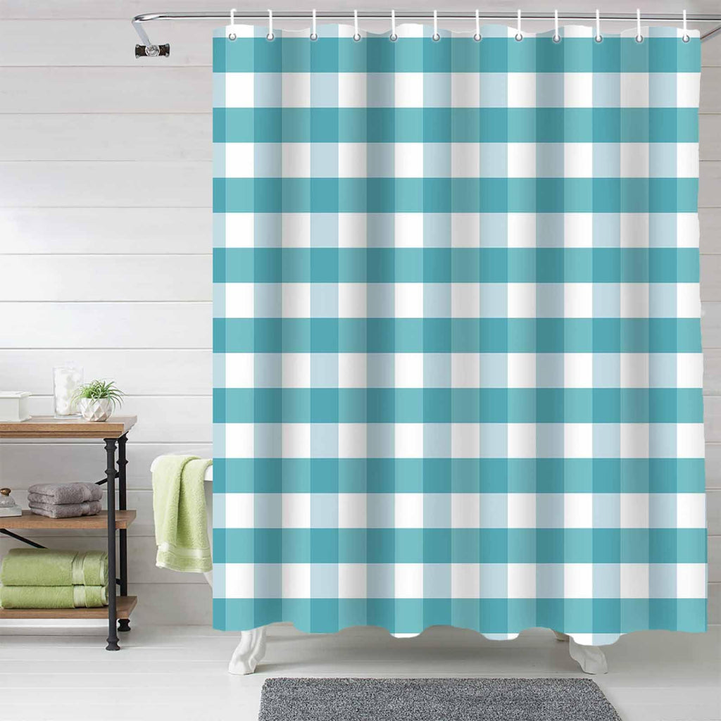 Rustic Teal White Buffalo Check Plaid Pattern, Farmhouse Shower Curtains Set with Hooks, Waterproof Fabric Bathroom
