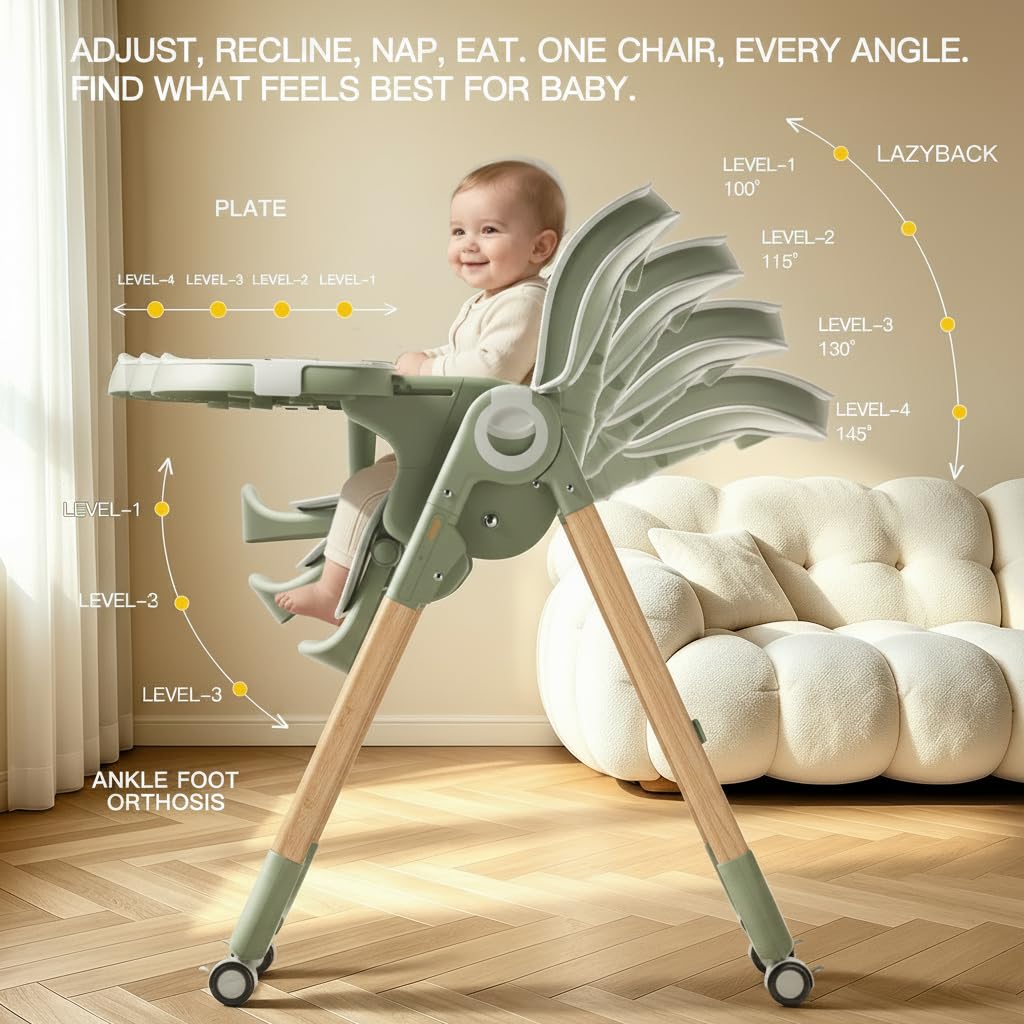 Baby High Chairs for Babies and Toddlers 0-3(Sage Green) | 7-Height Adj High Chair, 3-Pos Tray, 4-Recline, Removable