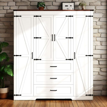 70" Tall Armoire Wardrobe Closet with 4 Doors & 3 Drawers, Farmhouse Bedroom Storage Cabinet with Hanging Rod
