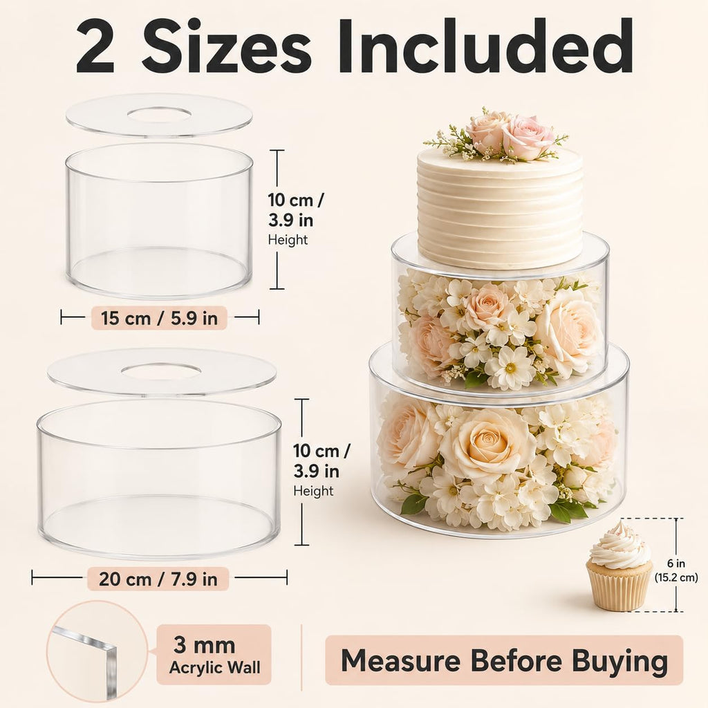 Acrylic Cake Stand, Clear Cake Stand Fillable Round Riser, 6 and 8 Inch Display Pedestals for Wedding - Set of 2