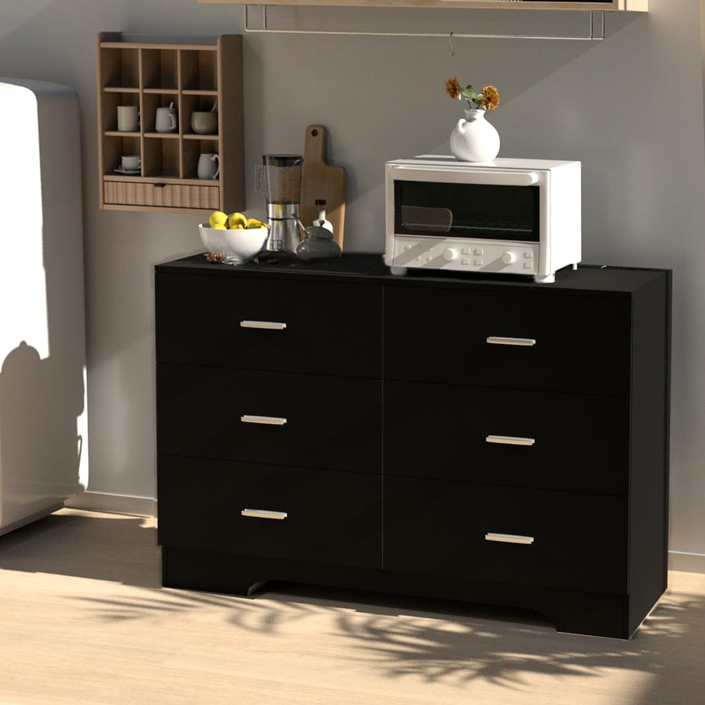 Dresser with Power Outlets Wooden 6 Drawer Dresser with USB and Type C Port Chest of Drawers Tall Black Organizer