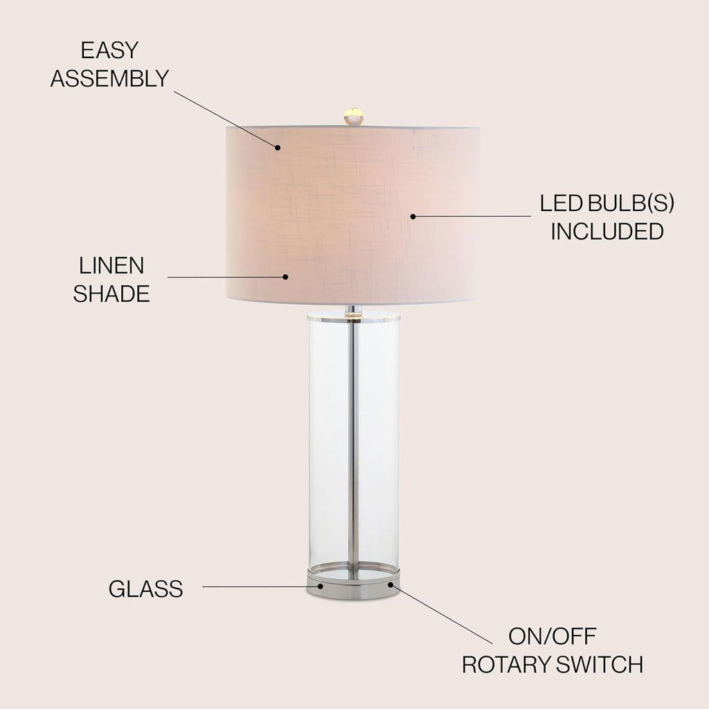 29" Clear/Chrome Modern Glass Table Lamp Bedroom, Minimalist Nightstand Bedside Lamp, White Linen Drum Shade