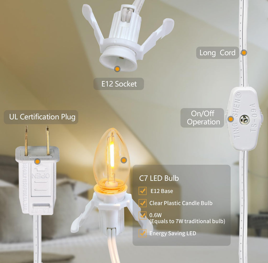 Accessory Cord with 5 PCS C7 LED Night Light Bulbs, E12 Base, 1 Pack
