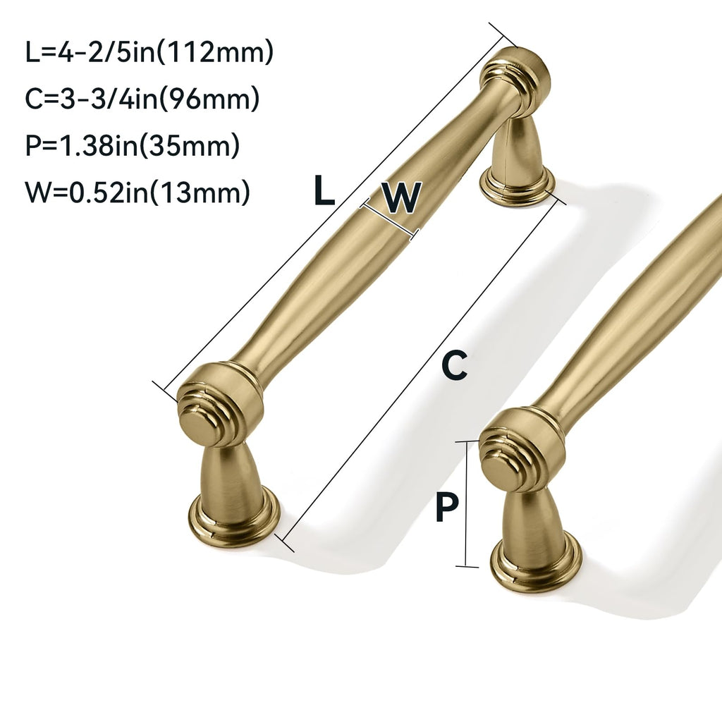 10 Pack 3-3/4inch(96mm) Center to Center Brushed Brass Cabinet Pulls Satin Brass Handles for Cabinets Cupboard Solid