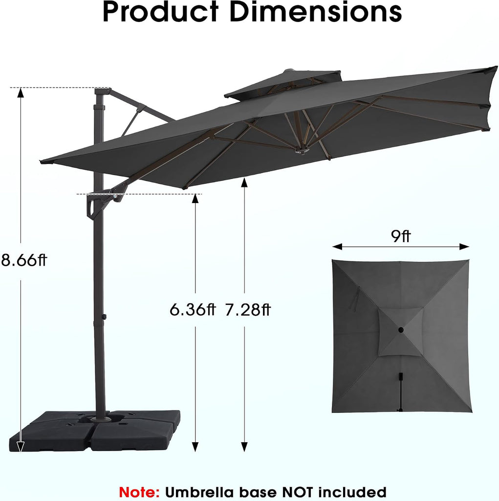 9x9 ft 2-Tier Cantilever Patio Umbrella, Large Square Outdoor Offset Umbrella with Double Top Vent and 360-degree - Gray