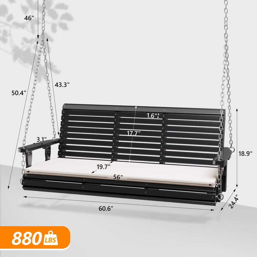 Wooden Porch Swing, Heavy Duty 880 LBS Hanging Patio Bench with Extra Cushion for Lawn| Garden| Courtyard (Black, 5