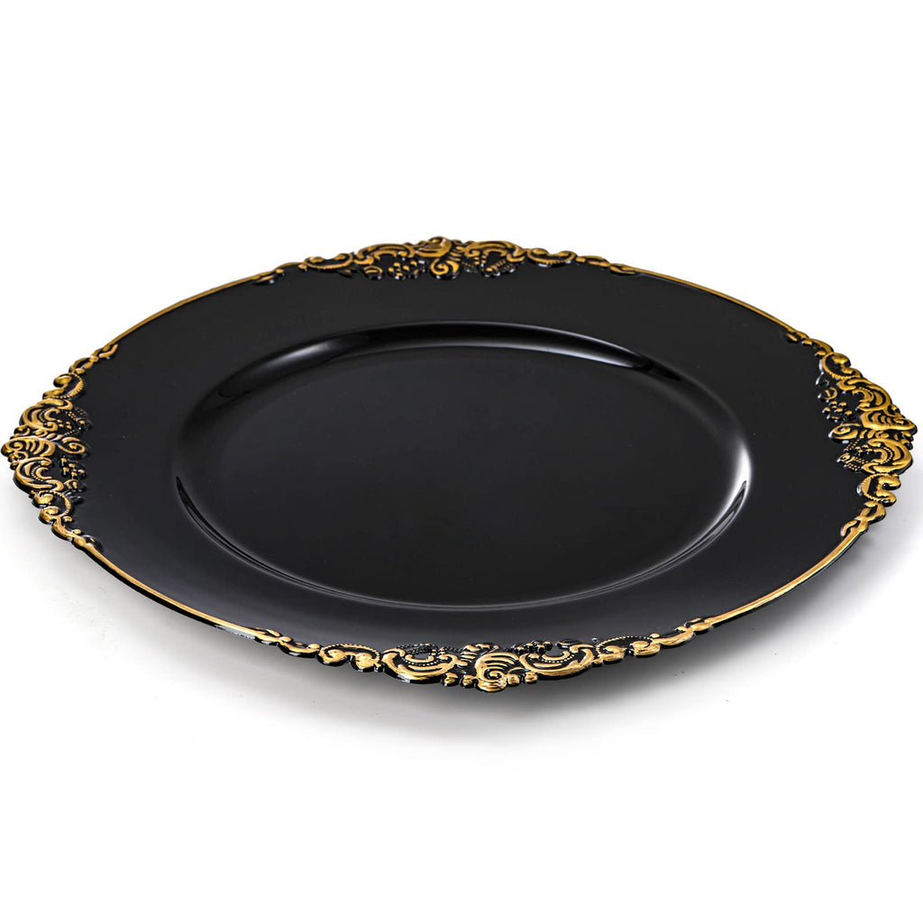 12 Pack Black Charger Plates with Floral Trim, 13" Plastic Vintage Black Chargers for Dinner Plates for Catering