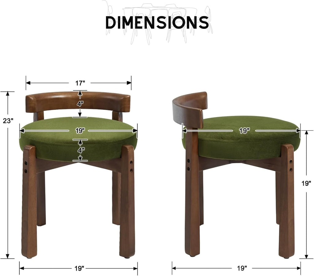 Wood Vanity Chair with Back Set of 2, Velvet Upholstered Small Ottoman Footstool, Mid-Century Modern Makeup Chair