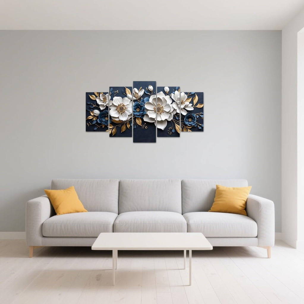Luxury White and Gold Floral 3D Wall Art 5 Pieces Flower Picture Canvas Prints Abstract Elegant White Floral Painting