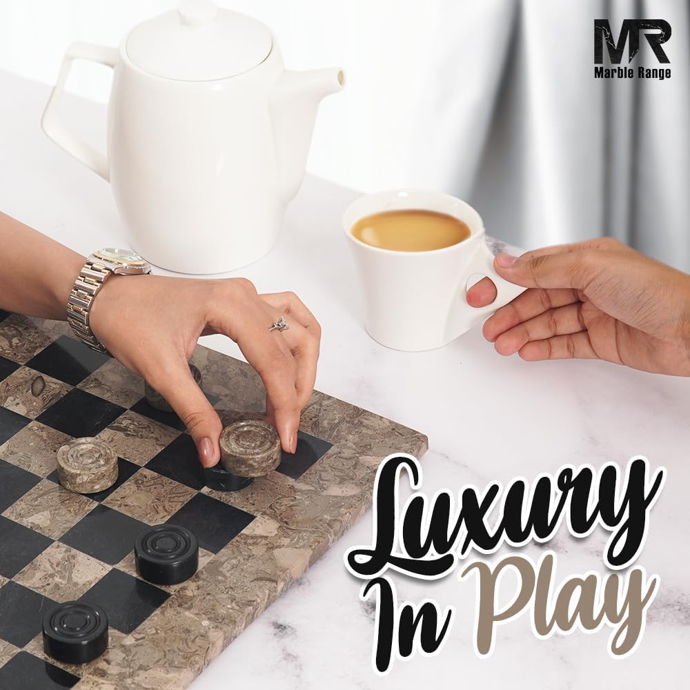 Marble Checkers Board Game 15 Inches Oceanic and Black Handmade 2-Player Tournament Checker Set, Board Game Set - Set of 33