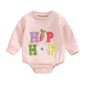 Easter Outfit Baby Girl Newborn Long Sleeve Romper Letter Print Bodysuit Tops Infant Fall Winter Cute Clothes (Pink