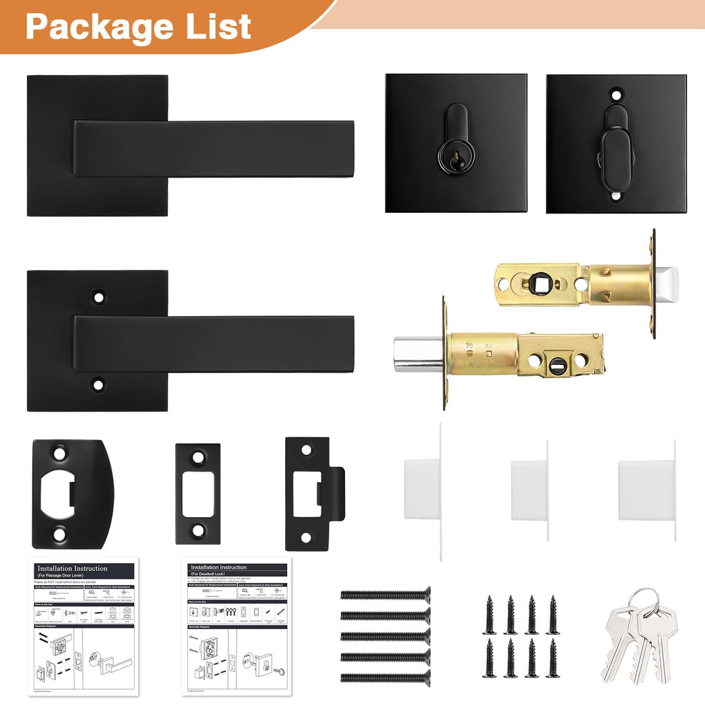 Flat Black Passage Door Lever with Single Cylinder Deadbolts Combo Pack, Modern Square Lock Set Handleset,Exterior