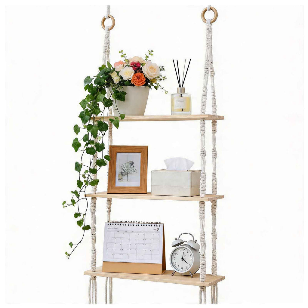 3-Tier Boho Hanging Shelves for Wall - Rustic Floating Wood Shelves with Rope, Macrame Plant Shelf Organizer Decor