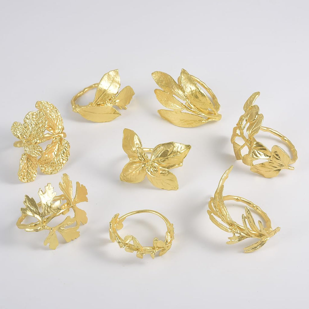 Matte Gold Napkin Rings Herb Leaf Botanical - Set of 8
