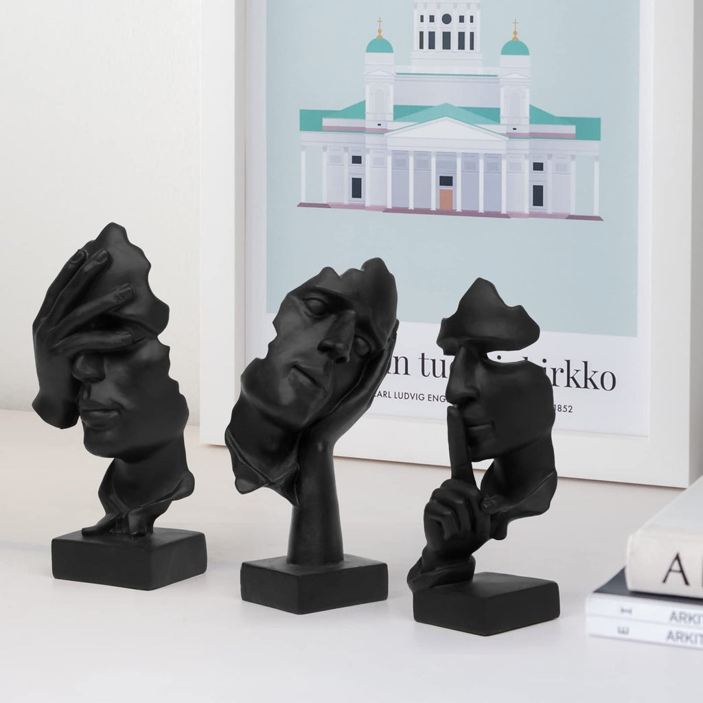 3 Pcs Thinker Statue, Silence is Gold Abstract Art Figurine, No Hear No See No Speak Modern Home Resin Sculptures