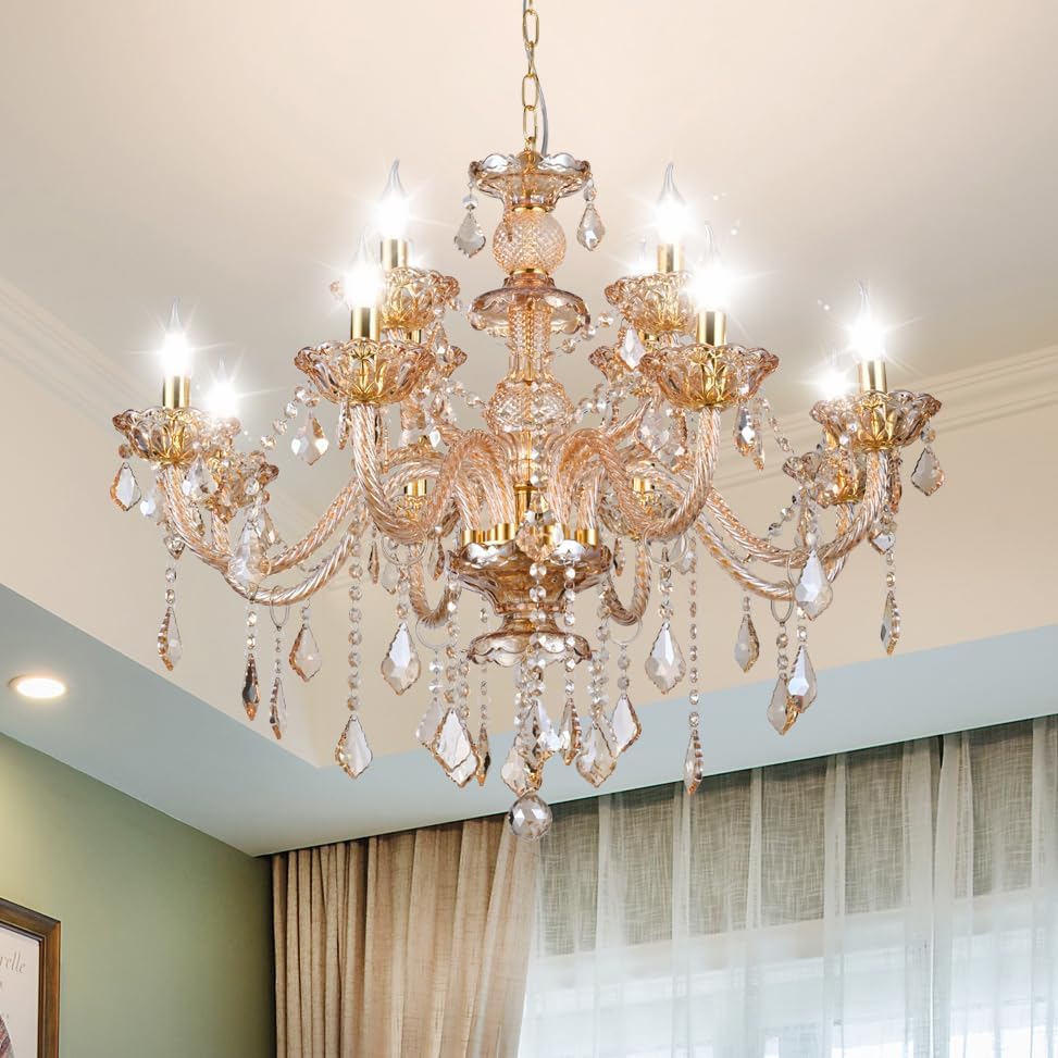 Luxury K9 Crystal Chandelier 12 Lights, Amber Gold Crystal Lighting Pendant Ceiling Fixture Modern Crystal Candle Chandeliers Lamp for Living Room, Kitchen, Foyer (12 Ligths) A110-B0CRHG6FWD