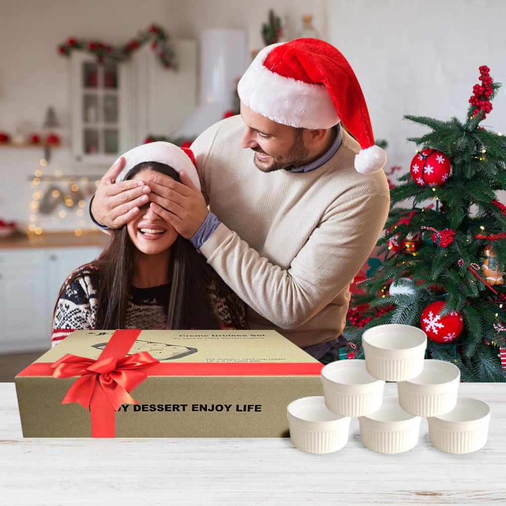 Ramekins Set with 6 Silicone Lids, Mothers Day Gifts Creme Brulee Making Set, Set of 6 Porcelain Ramekins, Oven Safe