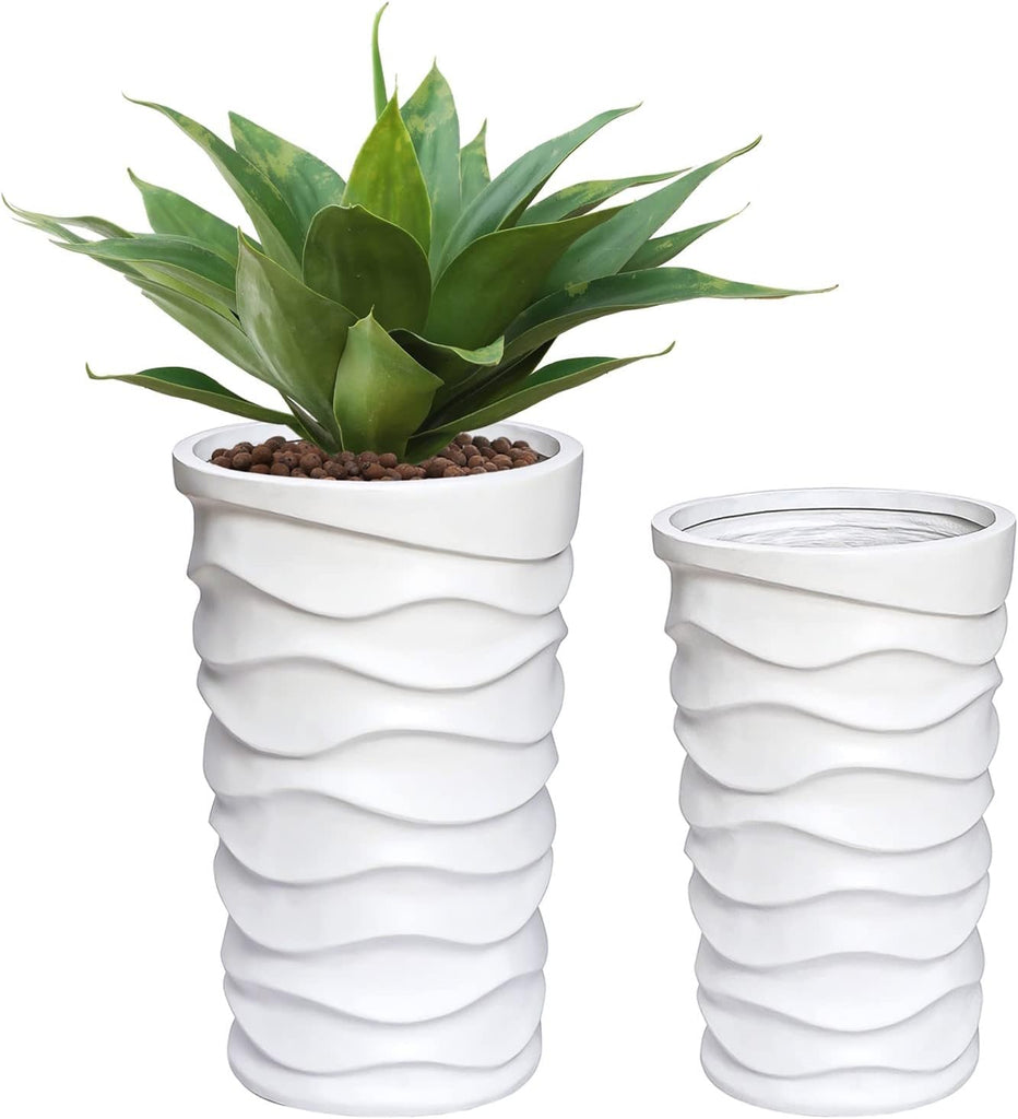 LuxenHome Tall Planters for Outdoor Plants, Set of 2 Garden White | With Drainage Hole and Rubber Plug, Modern White