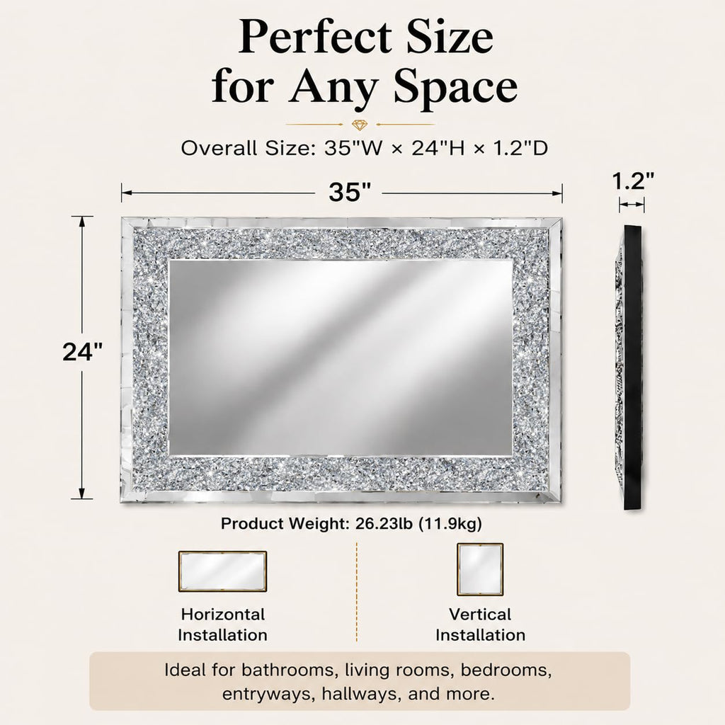 Crushed Diamond Mirrors for Wall Decor, 35.4x23.6 Decorative Mirror Rectangle Hanging Mirrors Large Crystal