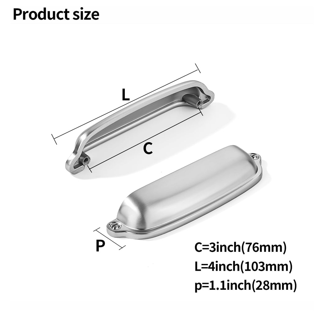 10 Pack Brushed Nickel Cup Pulls 3 Inch Center to Center - Cabinet & Drawer Handles Hardware