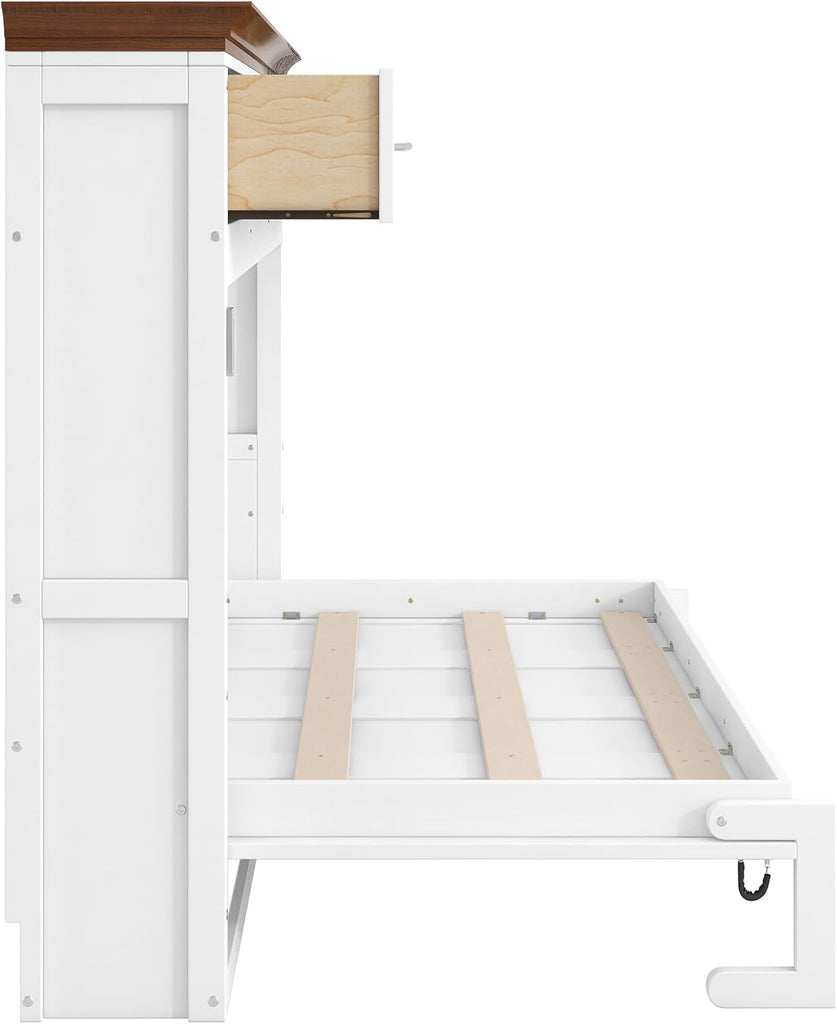 Twin Horizontal Murphy Bed with Drawers,Wood Space-Saving Folding Hideaway Murphy Wall Bed with Storage Drawers, for