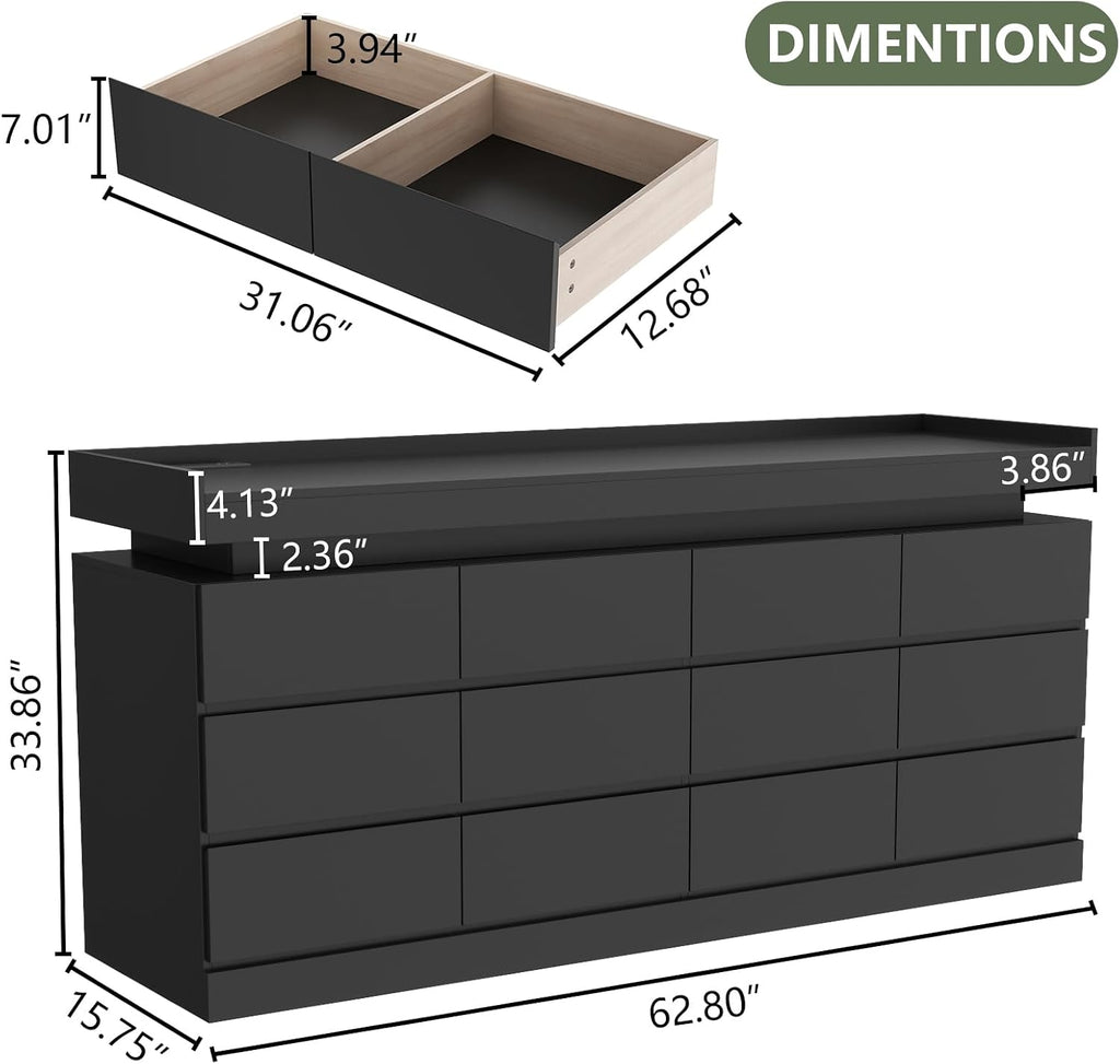 12 Drawer Dresser with Power Outlet, Modern Dresser with LED Light | Chest of Drawers for Closet, Double Wide Drawer