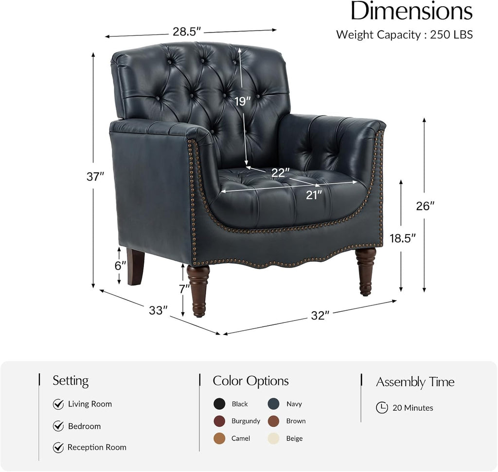Mid Century Modern Genuine Leather Accent Chair, Navy