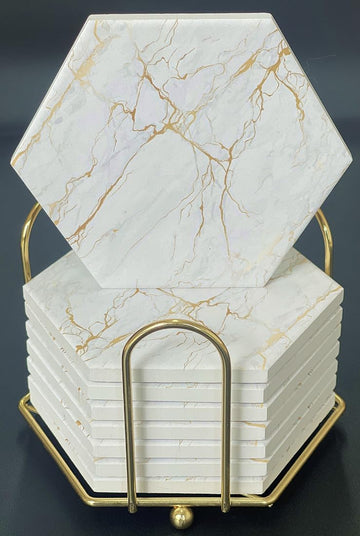 Marble Coasters with Gold Veining Hexagonal Coasters with Cork Base and Metal Holder, White and Gold - Set of 8