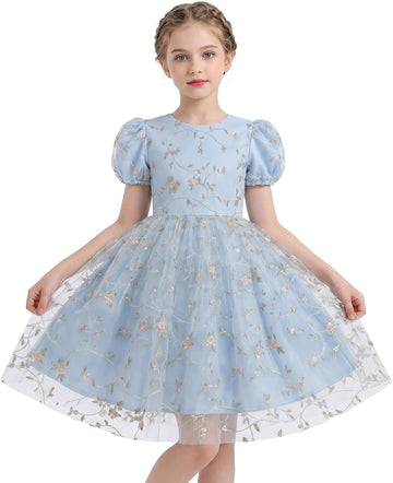Kids Girls Short Sleeve Embroidery Floral Lace Tulle Dress