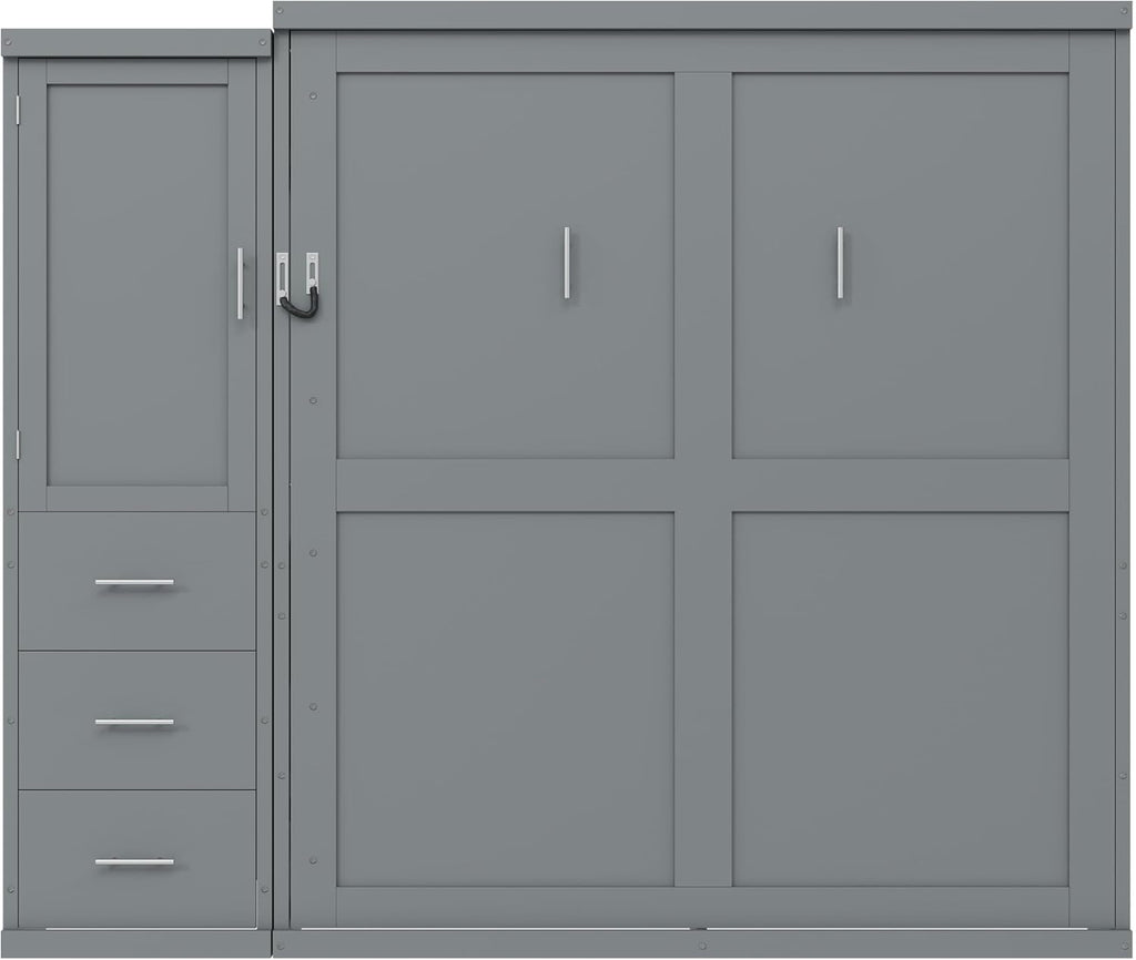 Queen Murphy Bed with Storage Wardrobe and Drawers,Solid Wood Farmhouse Murphy Wall Bed Cabinet with Drawers for