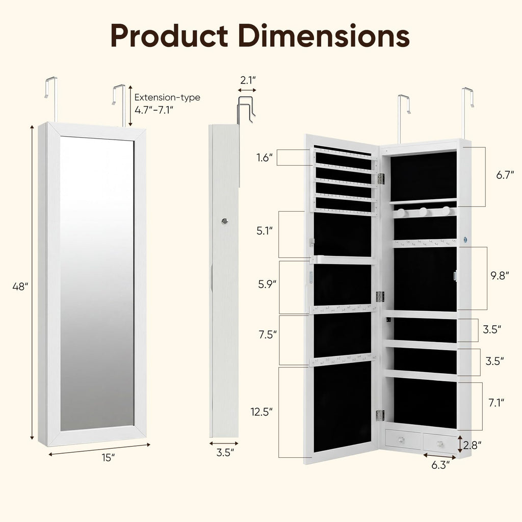 6 LEDs Jewelry Cabinet with Lock, 48" Full Length Mirror Wall Mounted or Over The Door Jewelry Organizer, Large