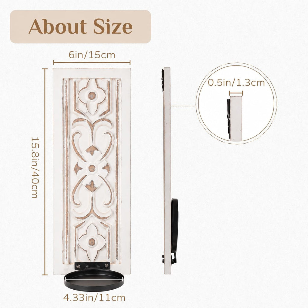 Whitewashed Wood Wall Candle Sconces Set of 2, Floral Design
