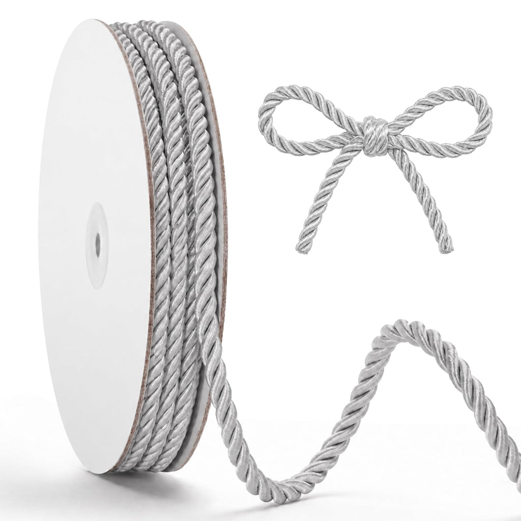M 11 Yards Silver Rope, Twisted Decorative Cord Trim, Stain Cording for DIY Crafts, Sewing, Graduation Honor - 6m