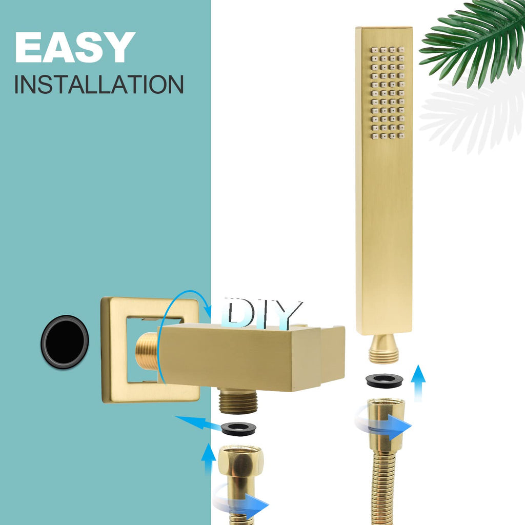 Square Brushed Gold Solid Brass Hand Held Shower Head With Wall Connector and Hose Wall Mount Handheld Showerheads Set