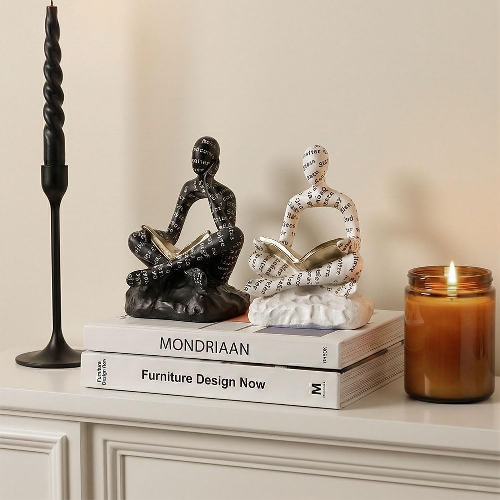 Ends for Heavy Books Set of 2, Modern Abstract Thinker Book Ends for Shelves and Desk - Resin with Non-Slip Pads