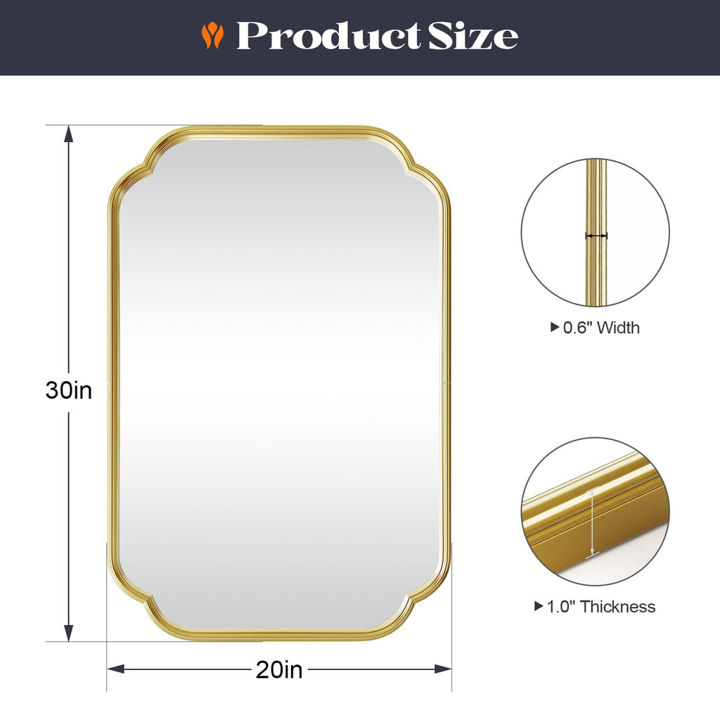 Gold Bathroom Scalloped Mirror, 20" x 30"Rounded Corner Rectangle Wall Mirrors with Metal Frame, Modern Vanity Mirror