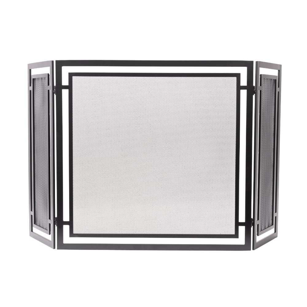Gatsby 3-Panel Fireplace Screen in Black | Folding Art Deco Design with Heavy-Duty Steel Frame & Heat-Resistant Mesh