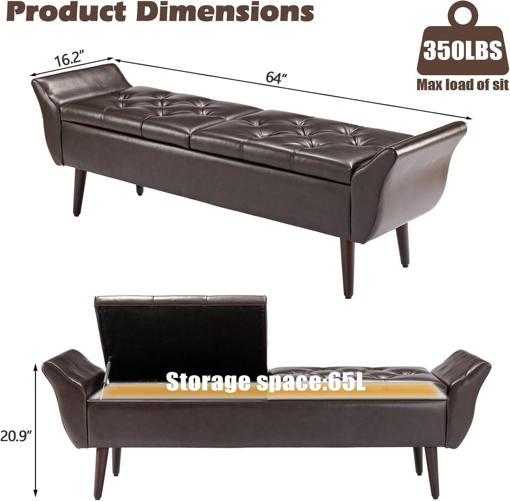 Storage Ottoman Bench 64''Length 65L Faux Leather End of King Bed Bench