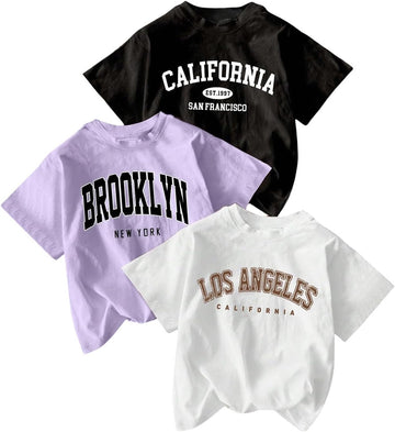 Girl's 3 Packs T Shirts Set Letter Graphic Tees Summer Tee Shirt