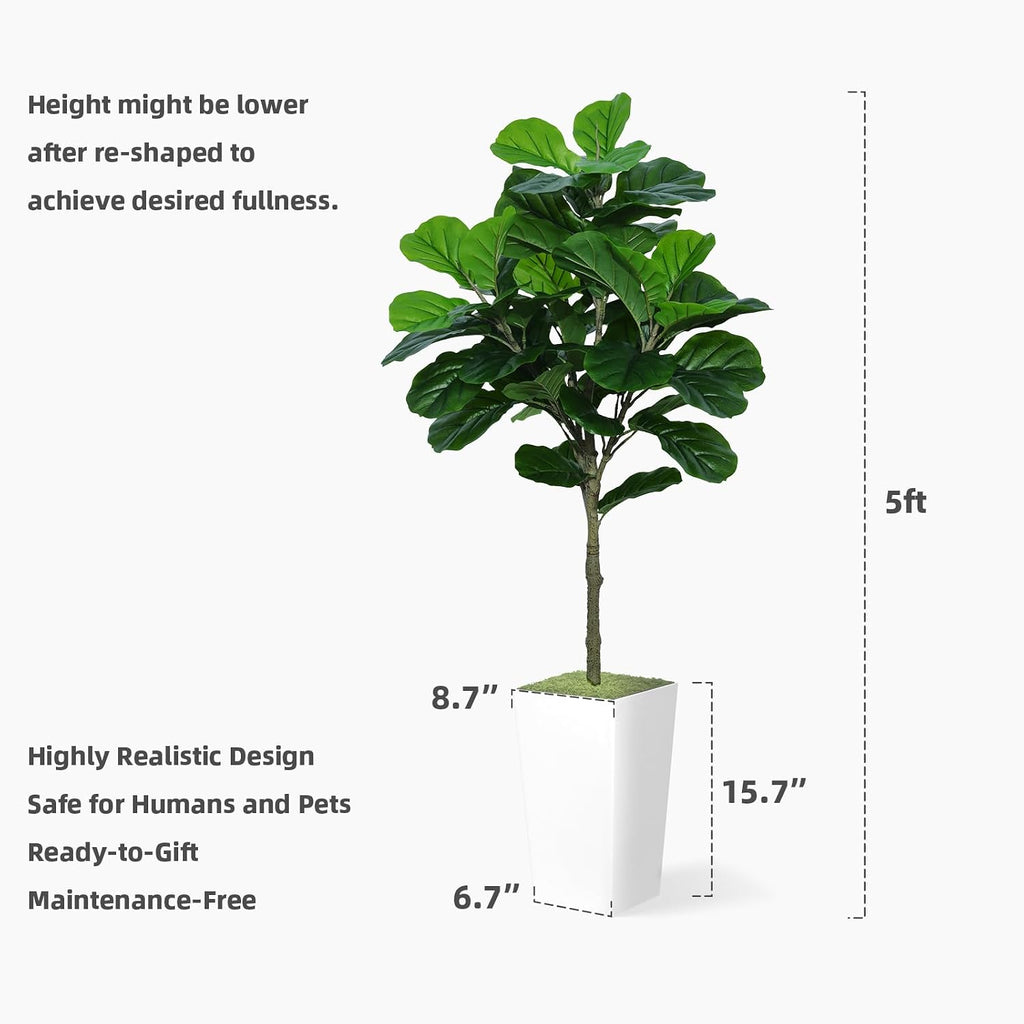 Fiddle Leaf Fig Tree Artificial 5FT - Faux Plant With Black Tall Planter - Fake Ficus Lyrata Floor Plant in Pot