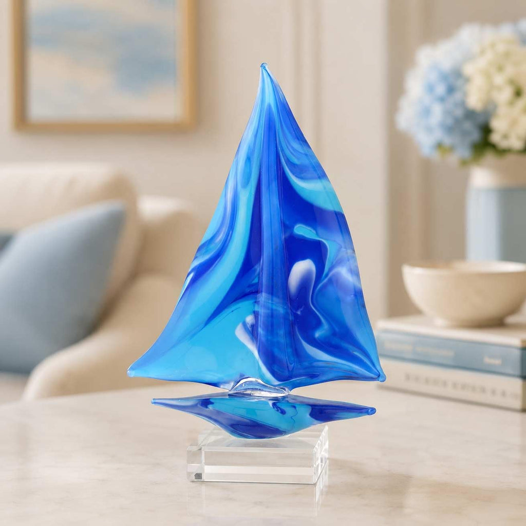 Sailboat On Base - Blue and Aqua Decorative Glass Sailboat Figurine Coastal Beach House Ornament Nautical Decor