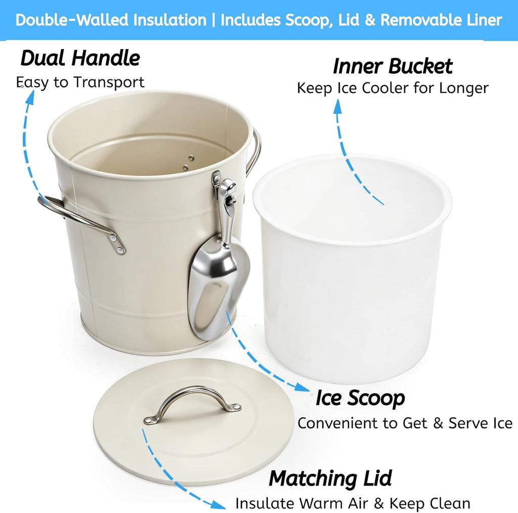 4L Ice Bucket with Scoop and Lid, White Galvanized Steel Beverage Tub with Handles, Double Wall Insulated Wine
