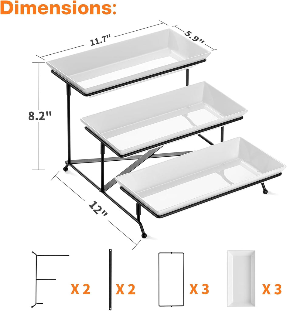 3 Tier Serving Tray Set, 12" Tiered Serving Trays Platters, Reusable Serving Tray for Party, Collapsible Sturdier