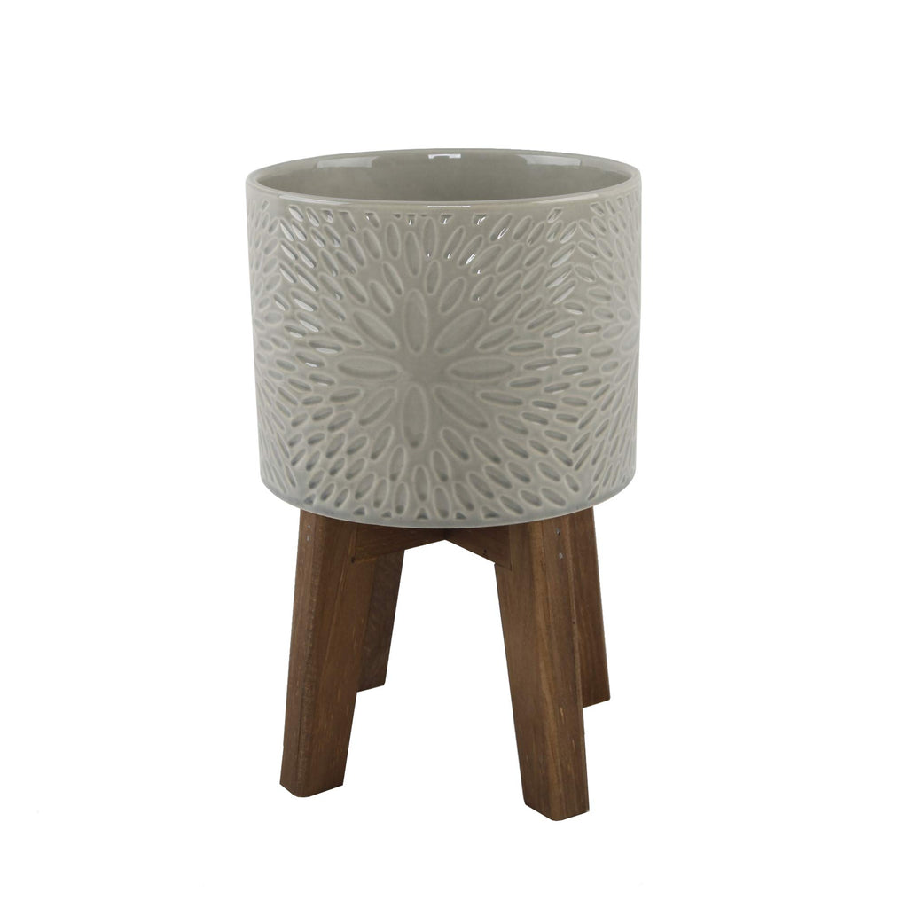 Mid Century 2pcs 10 inch & 8 inch Sunburst Ceramic Planter on Wood Stand, Set of 2