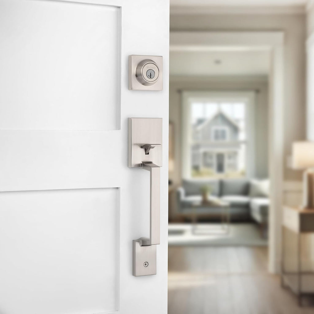 Amador Front Door Lock Handle and Deadbolt Set, Entry Handleset Exterior with Casey Reversible Lever, Satin Nickel - Door Handleset