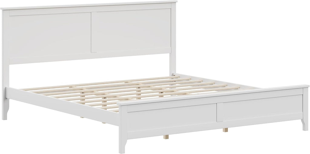 Modern Farmhouse Platform King Bed Frame, Solid Wood Platform Bed Frame with Headboard, Sturdy Wooden Foundation with