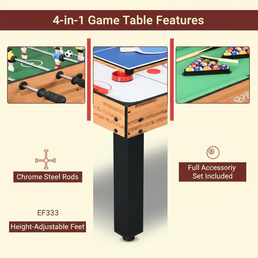 Multi Game Table, 48" Sports Arcade Games with Accessories, Ping Pong, Hockey, Pool Billiards, Soccer Foosball All in