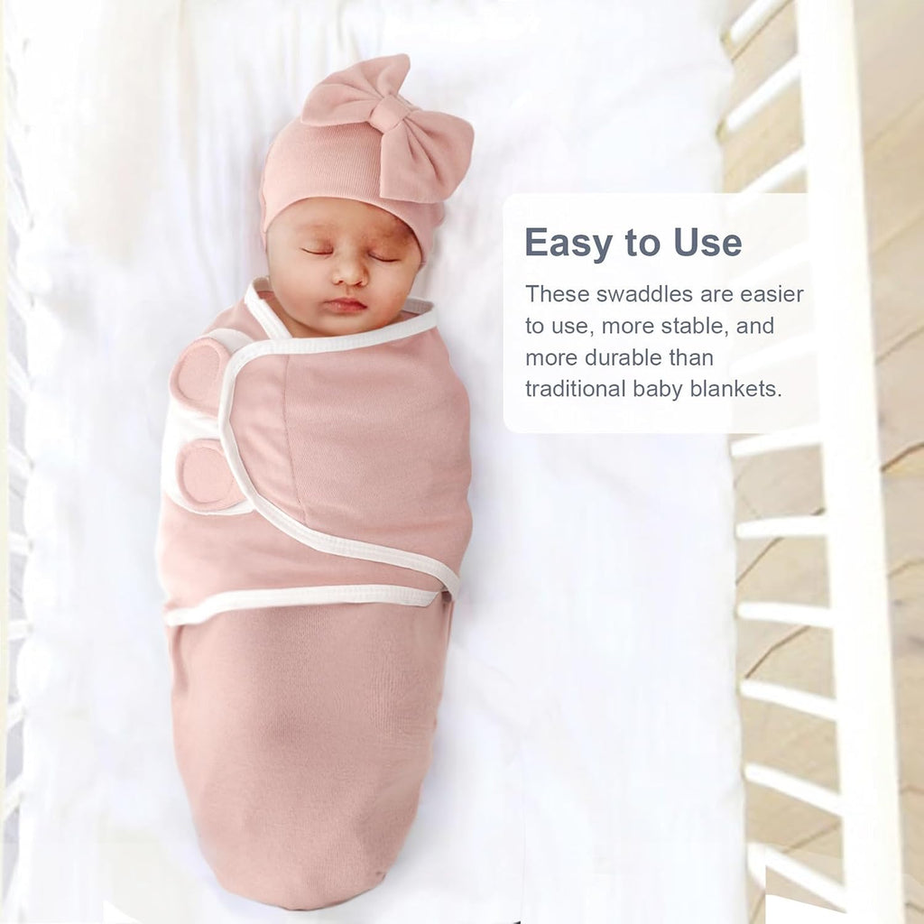 3 Pack Baby Swaddle Blanket with Hats Infant Adjustable Velcro Swaddling Wraps with Bear Ears Cap for 6-12
