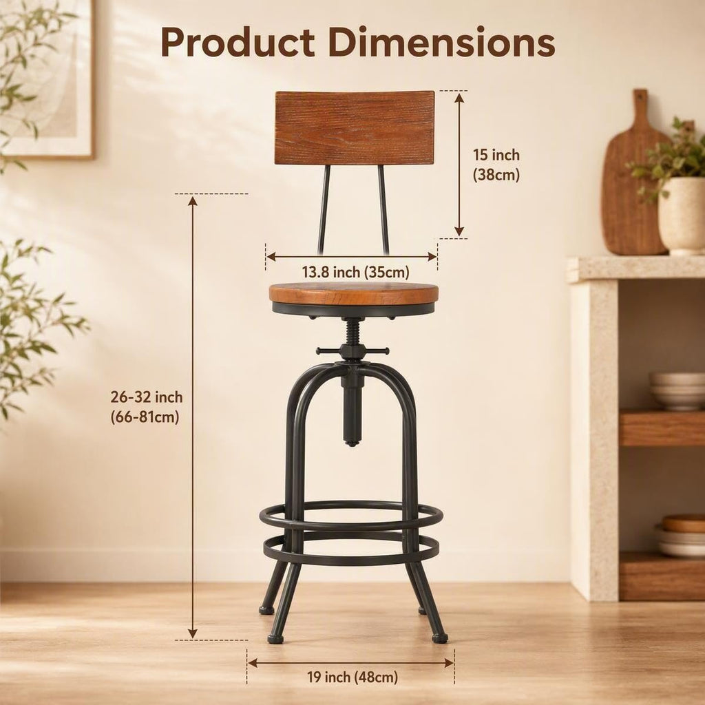 Set of 2-Industrial Bar Stools with Backrest-Swivel Wood Seat-Bar Counter Height Adjustable 26-32.2inch-Kitchen