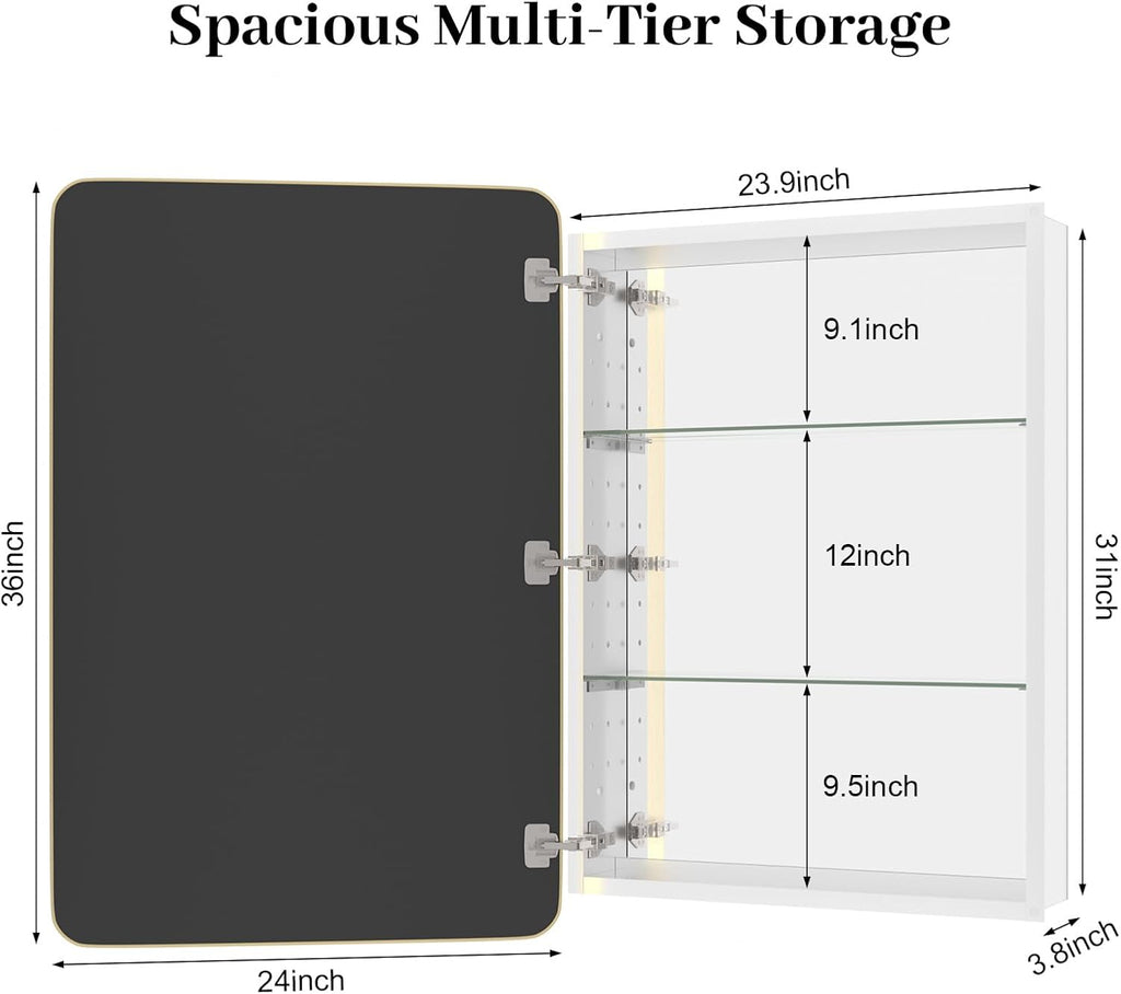 Bathroom Medicine Cabinet with Mirror, 24x36 Inch Gold Recessed Medicine Cabinet with Round Corner Aluminum Alloy